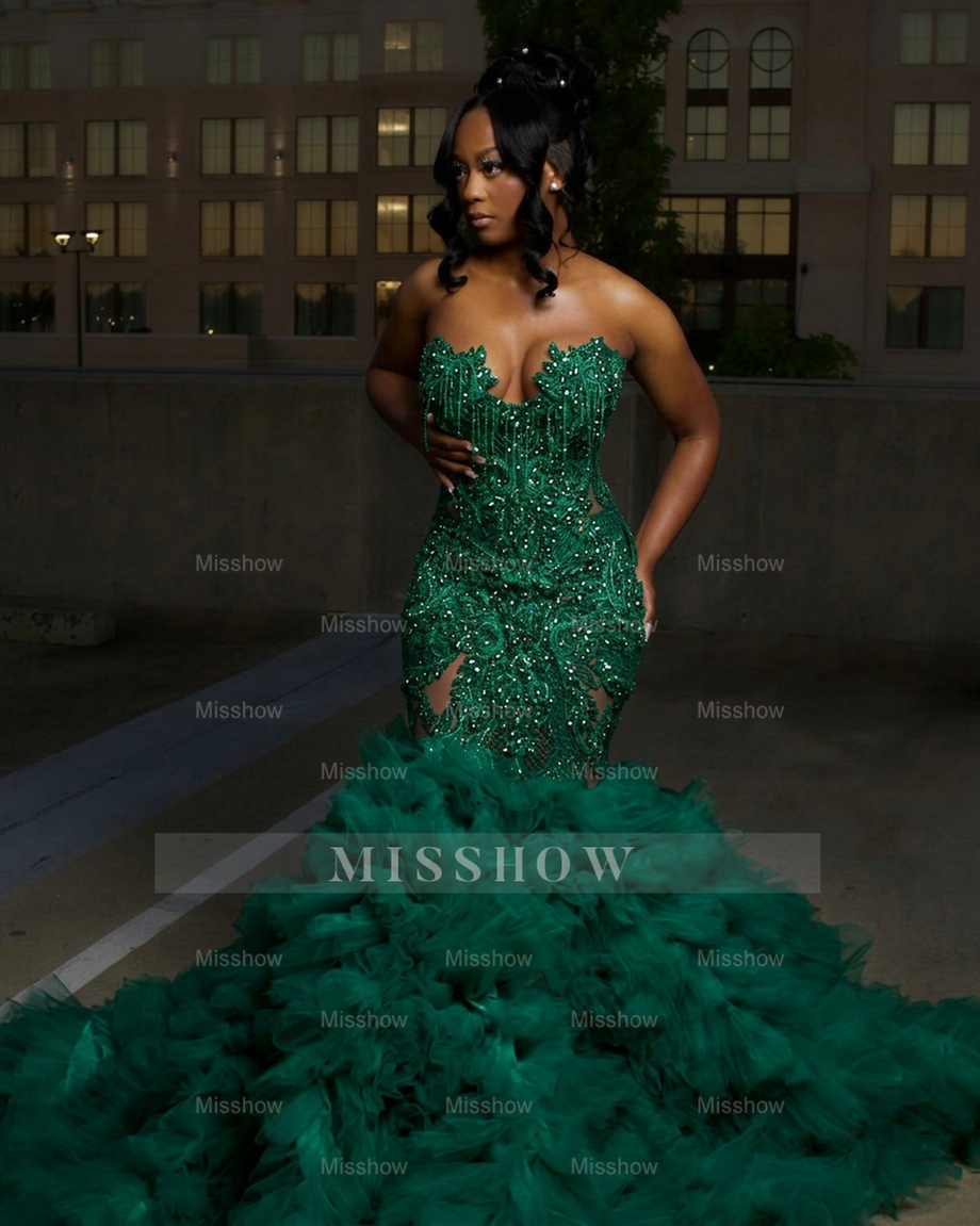 Dark green strapless ruffled mermaid prom dress