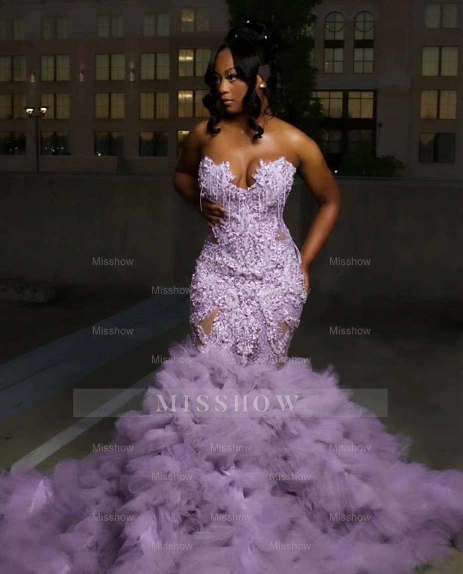 Lilac strapless ruffled mermaid prom dress