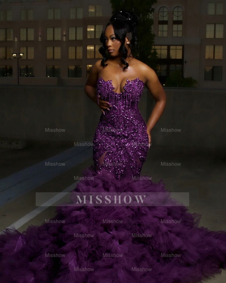 Grape strapless ruffled mermaid prom dress