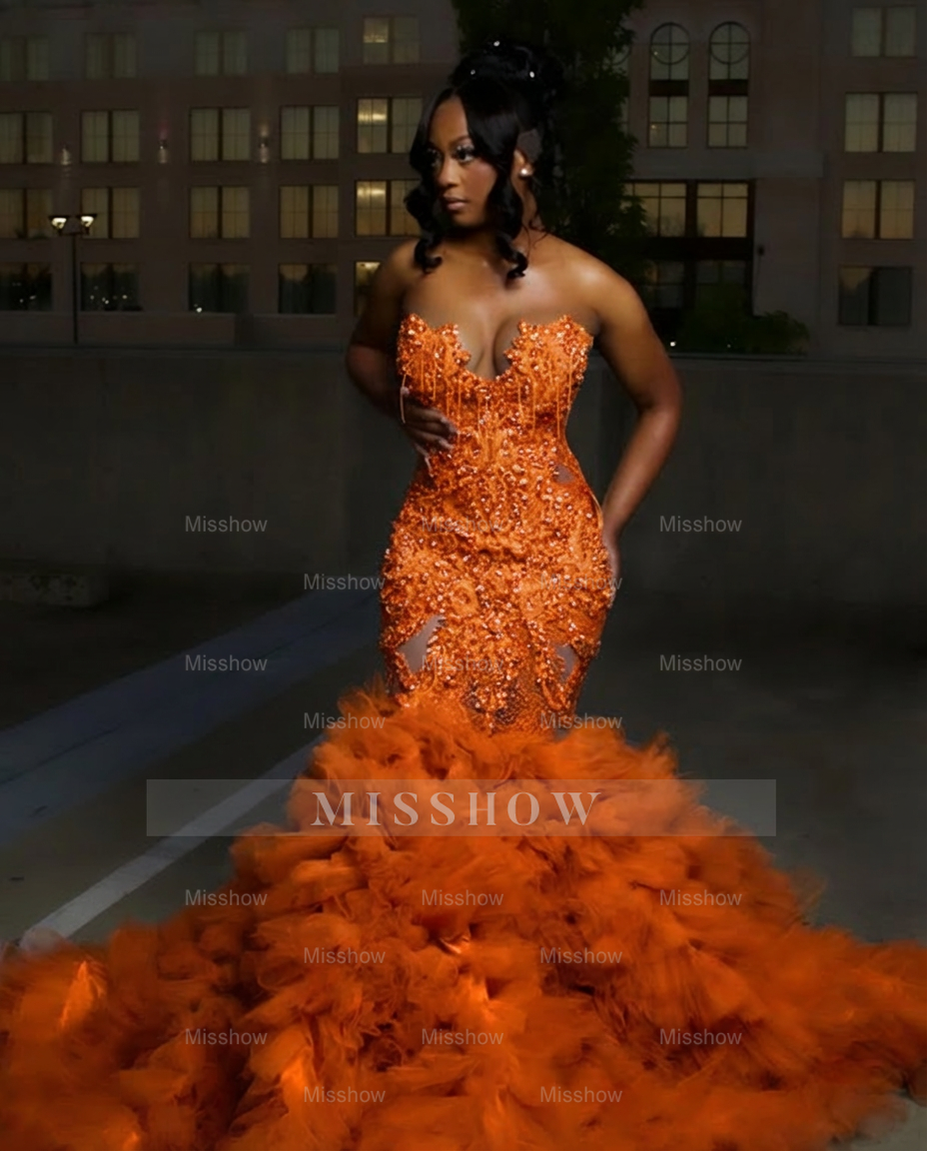 Orange strapless ruffled mermaid prom dress