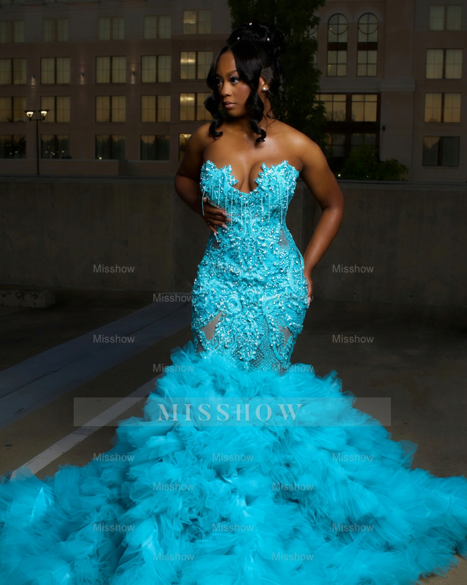 Pool strapless ruffled mermaid prom dress