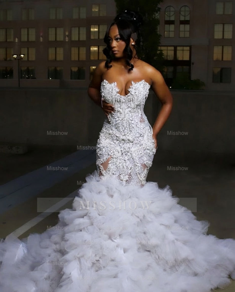 White strapless ruffled mermaid prom dress