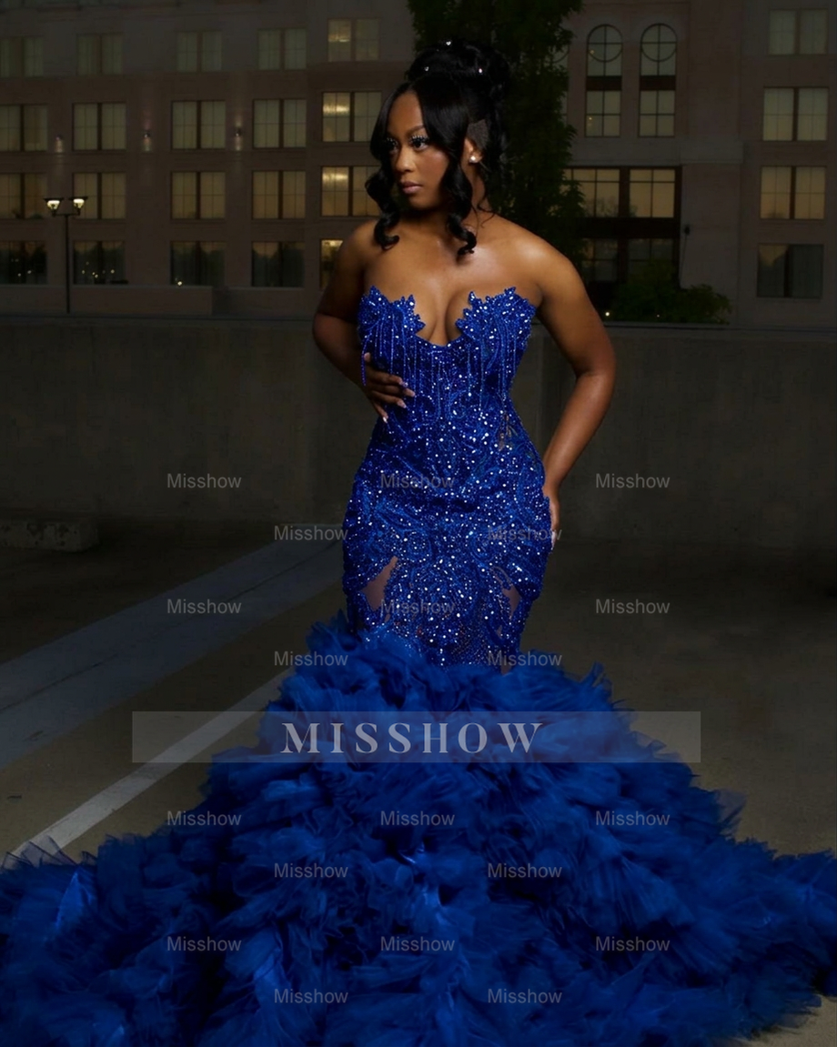 Royal blue strapless ruffled mermaid prom dress