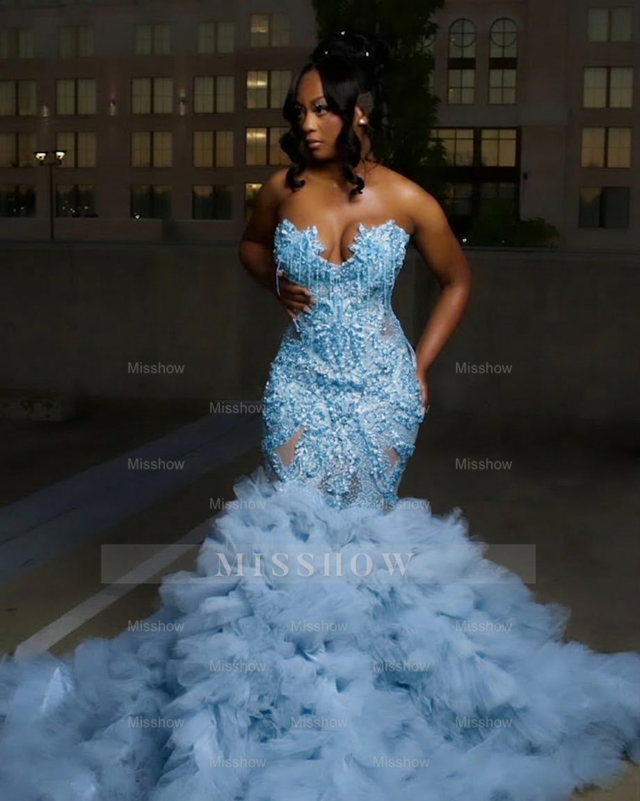 Sky blue strapless ruffled mermaid prom dress