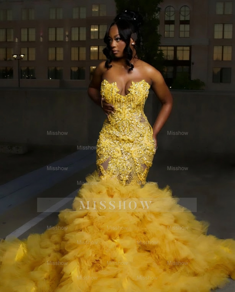 Yellow strapless ruffled mermaid prom dress