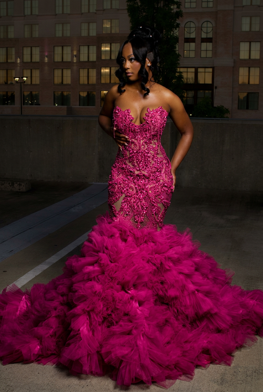 Fuchsia strapless ruffled mermaid prom dress