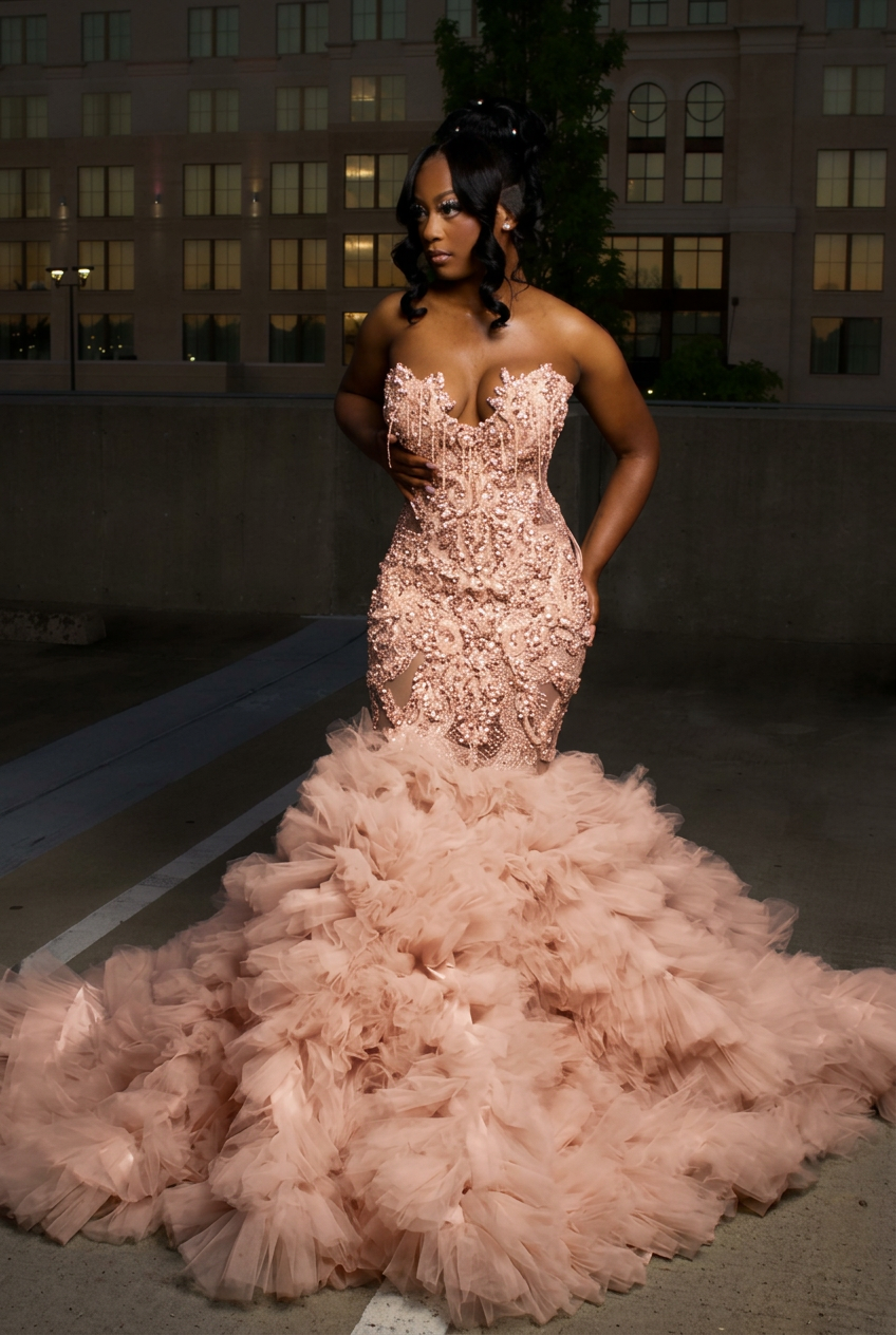 Pearl pink strapless ruffled mermaid prom dress