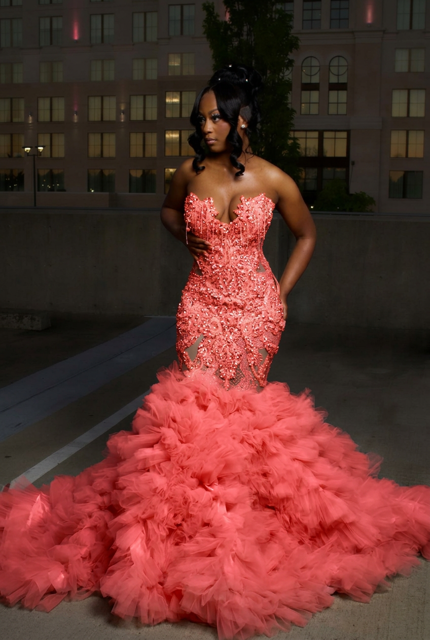 Coral strapless ruffled mermaid prom dress