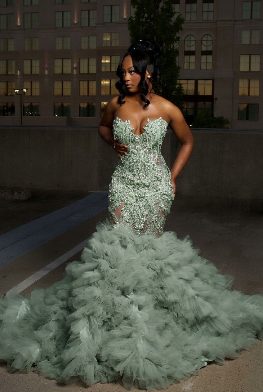 Dusty sage strapless ruffled mermaid prom dress