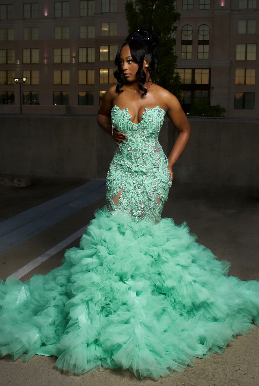 Mint green strapless ruffled mermaid prom dress