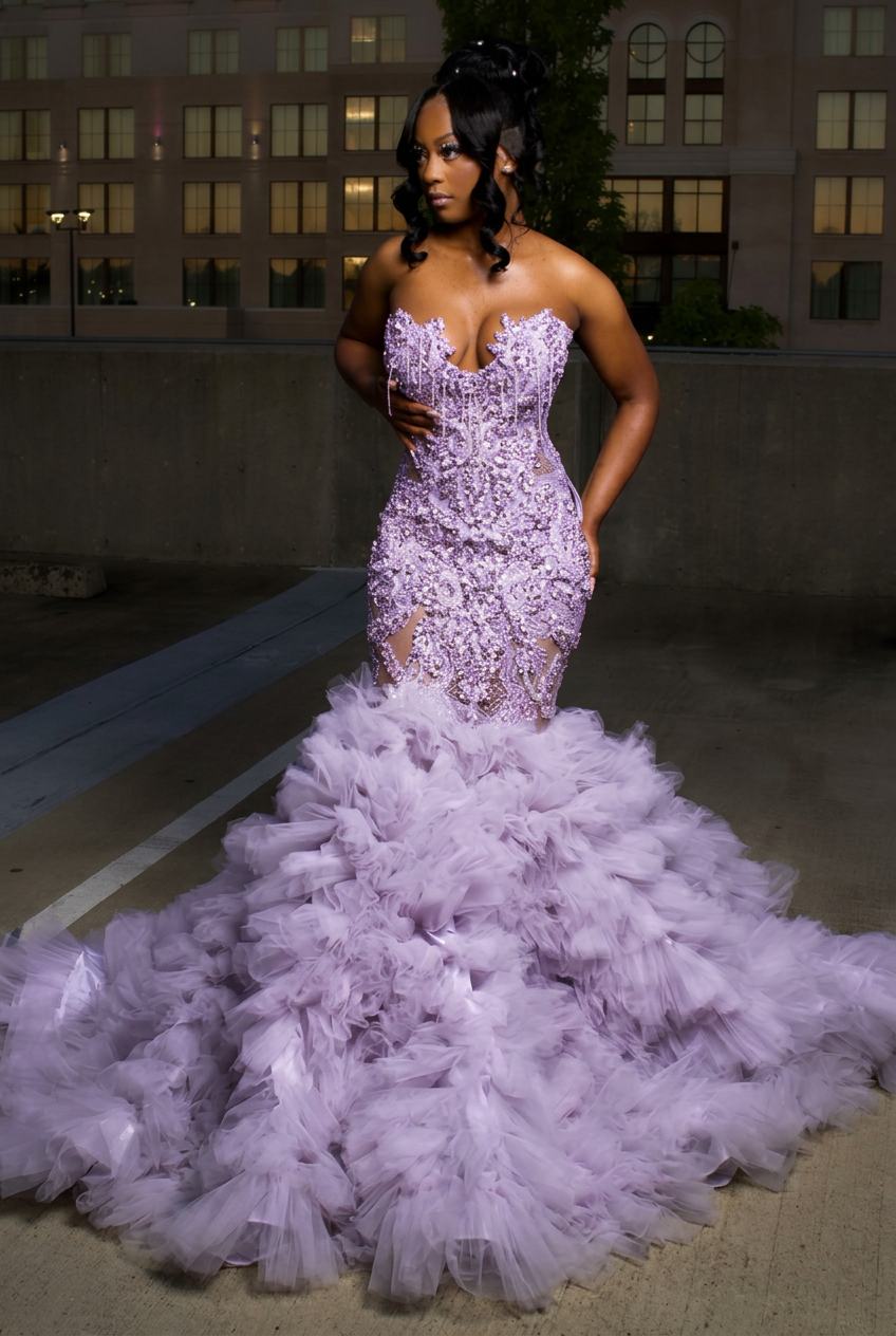 Lavender strapless ruffled mermaid prom dress