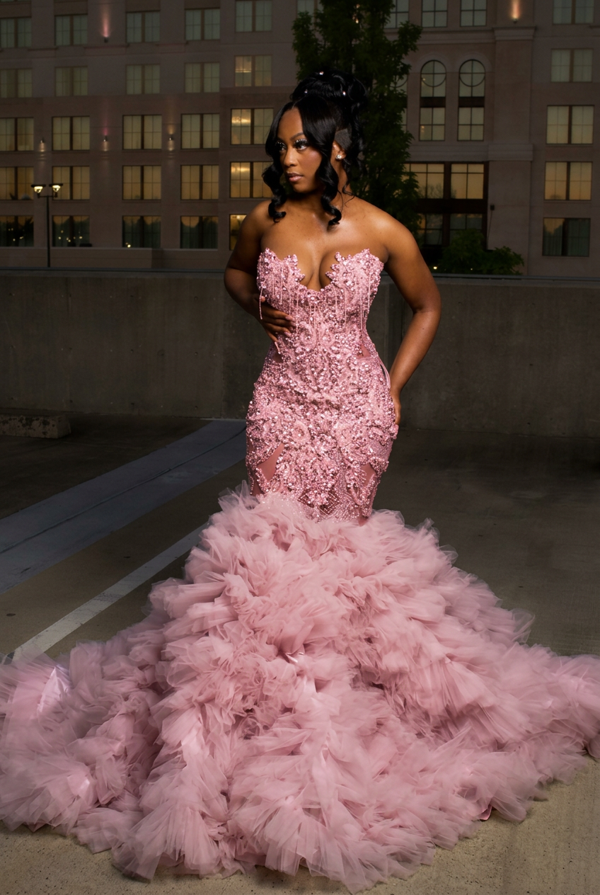 Candy pink strapless ruffled mermaid prom dress