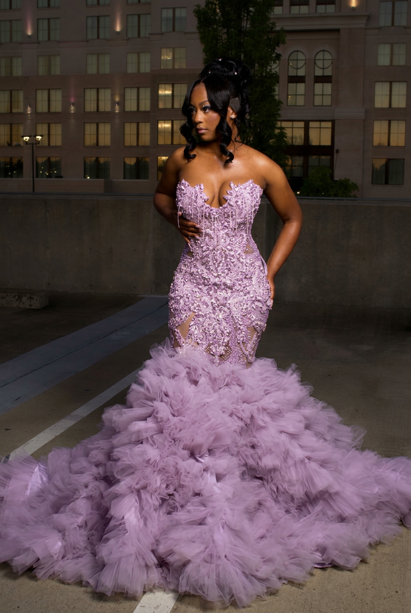 Lilac strapless ruffled mermaid prom dress
