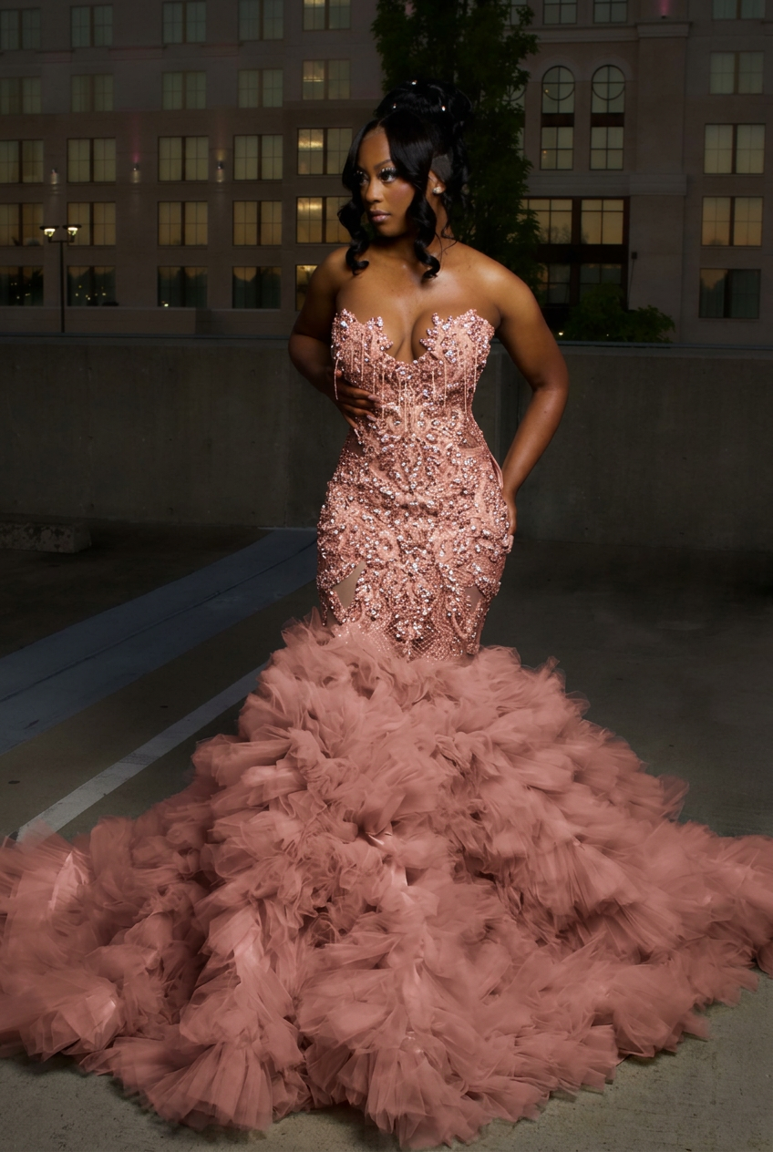 Dusty rose strapless ruffled mermaid prom dress