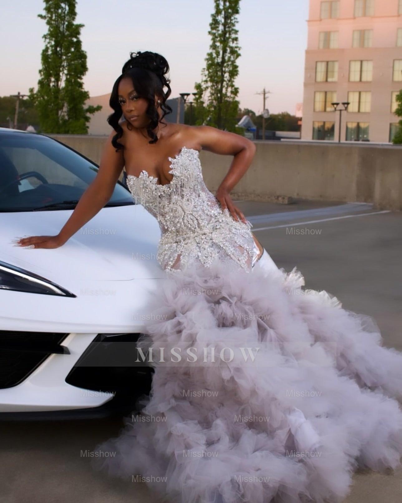 Steel grey strapless ruffled mermaid prom dress