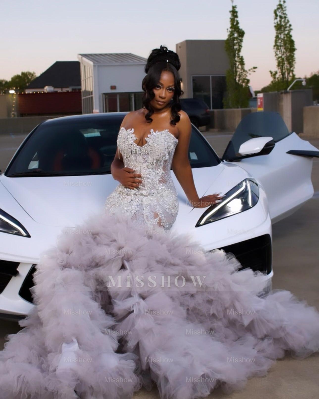 Steel grey strapless ruffled mermaid prom dress