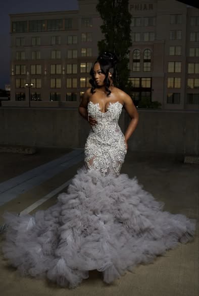 Gorgeous Long Silver Mermaid Beaded Diamond Prom Dress with Ruffles