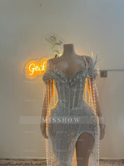 Gorgeous Long Silver Off-the-shoulder Mermaid Lace Beadings Prom Dress with Slit