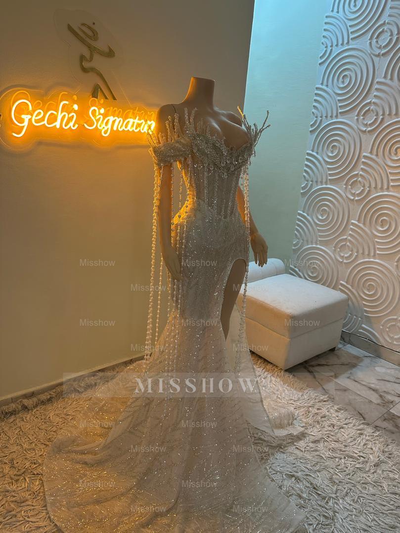 Gorgeous Long Silver Off-the-shoulder Mermaid Lace Beadings Prom Dress with Slit