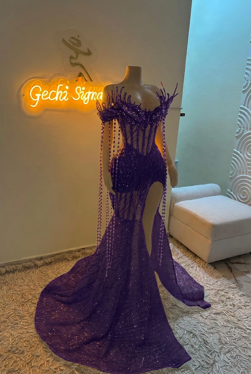 Regency off-the-shoulder split-front mermaid prom dress