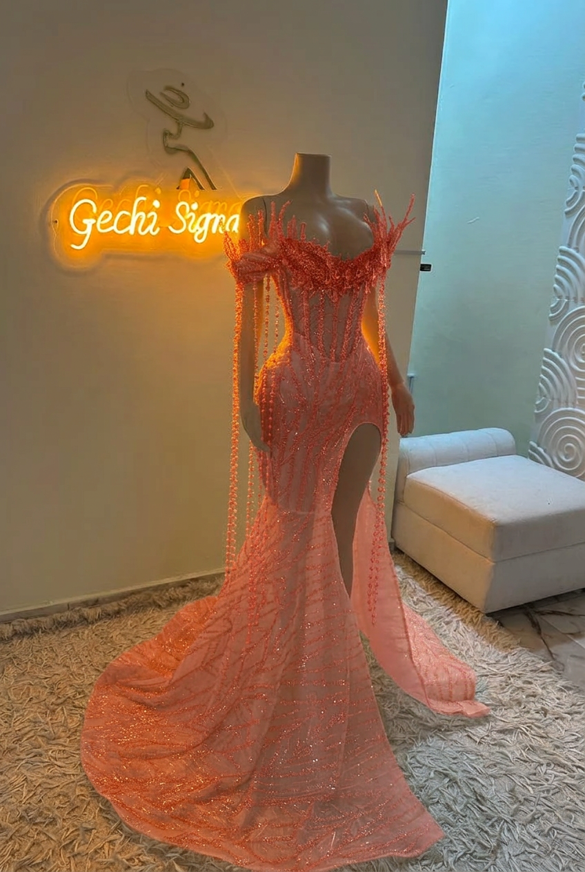 Coral off-the-shoulder split-front mermaid prom dress