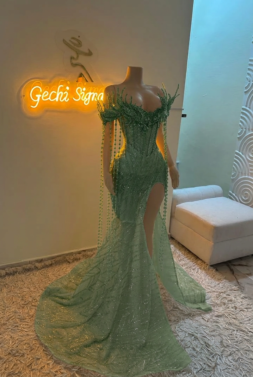 Dusty sage off-the-shoulder split-front mermaid prom dress