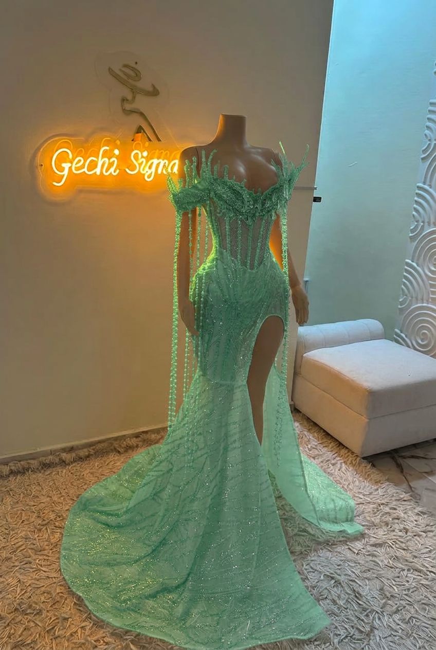 Mint green off-the-shoulder split-front mermaid prom dress