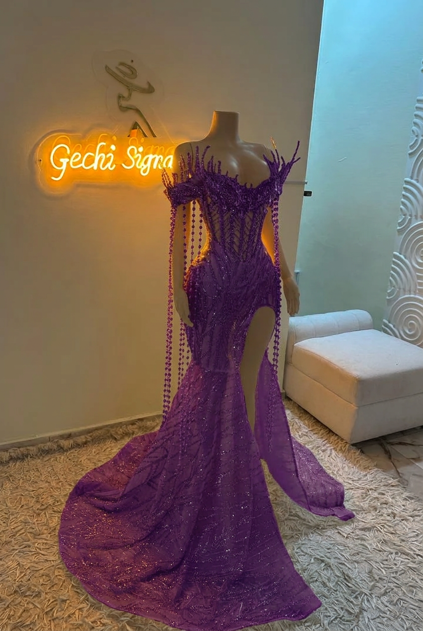Grape off-the-shoulder split-front mermaid prom dress