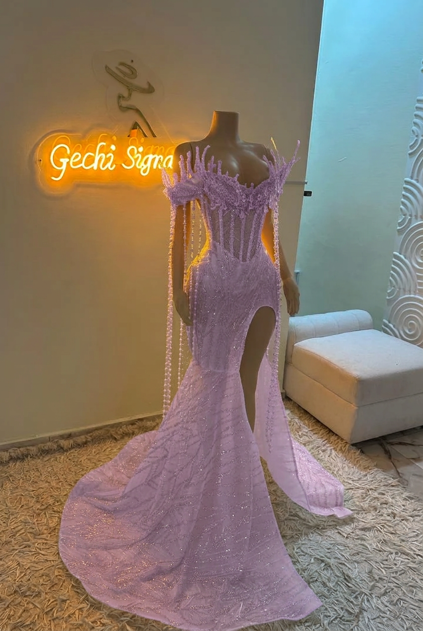 Lavender off-the-shoulder split-front mermaid prom dress
