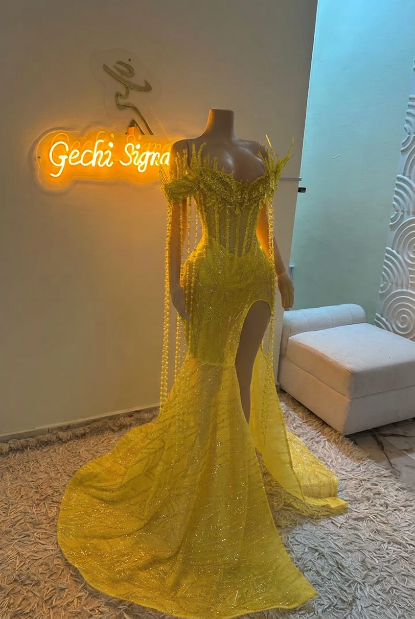 Yellow off-the-shoulder split-front mermaid prom dress