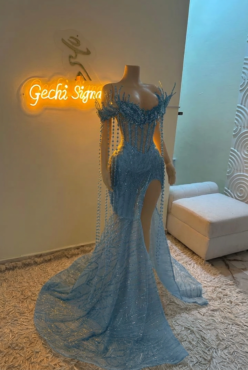 Dusty blue off-the-shoulder split-front mermaid prom dress