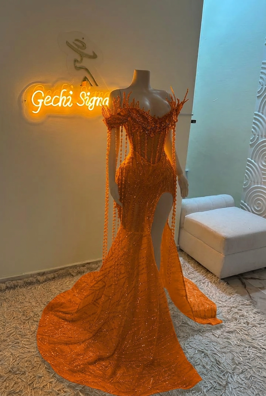 Orange off-the-shoulder split-front mermaid prom dress