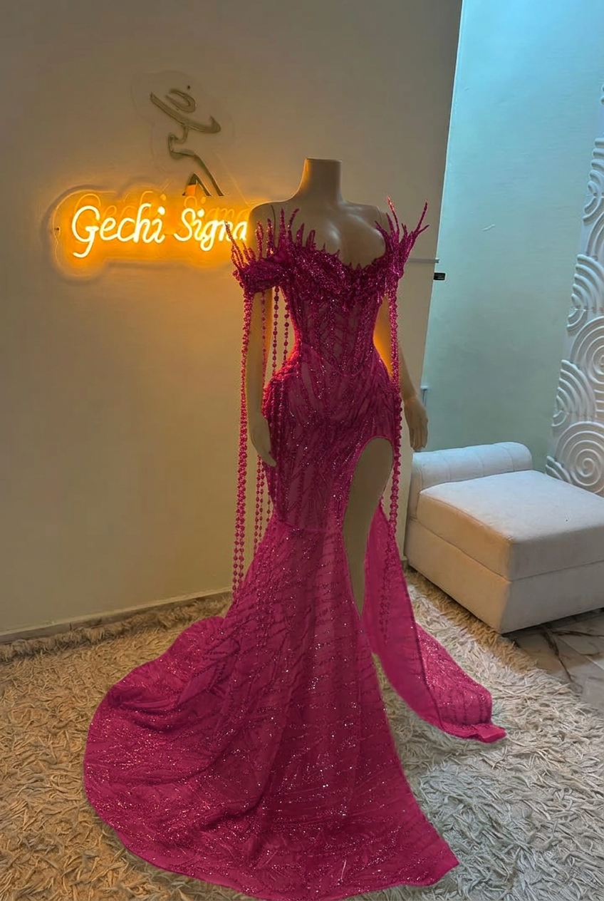 Fuchsia off-the-shoulder split-front mermaid prom dress