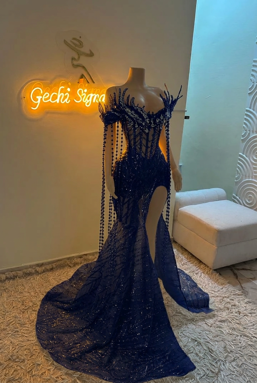 Dark navy off-the-shoulder split-front mermaid prom dress