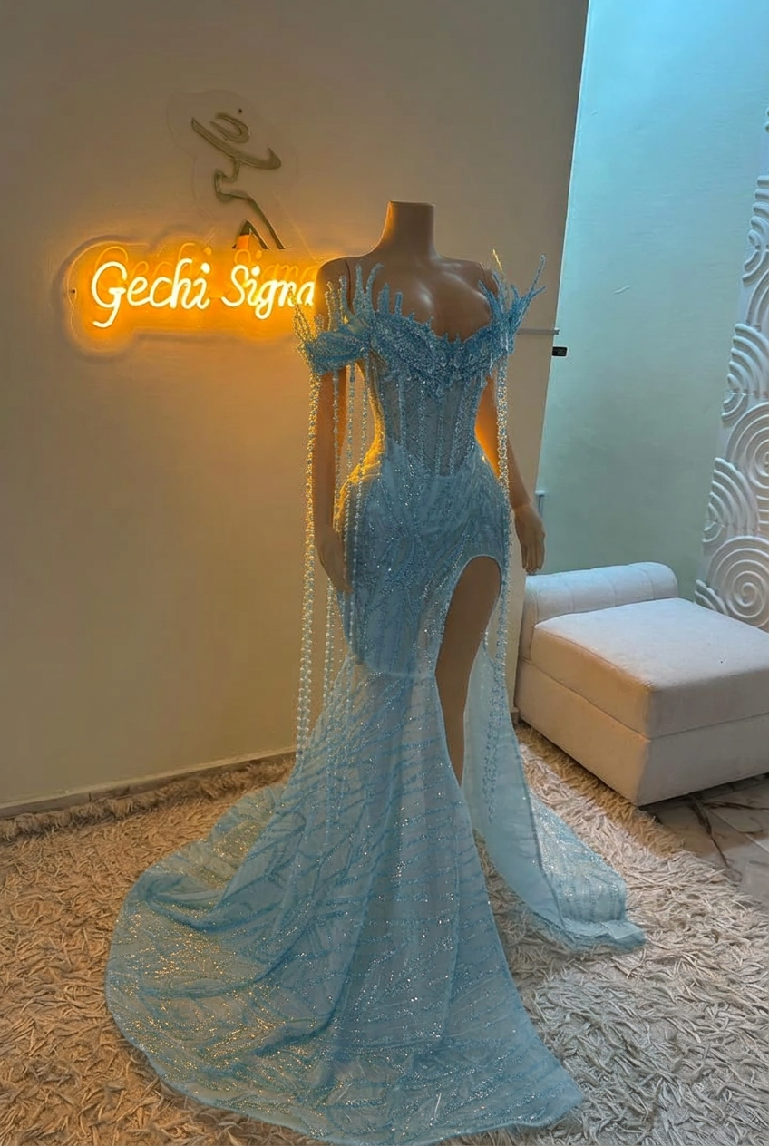 Light blue off-the-shoulder split-front mermaid prom dress