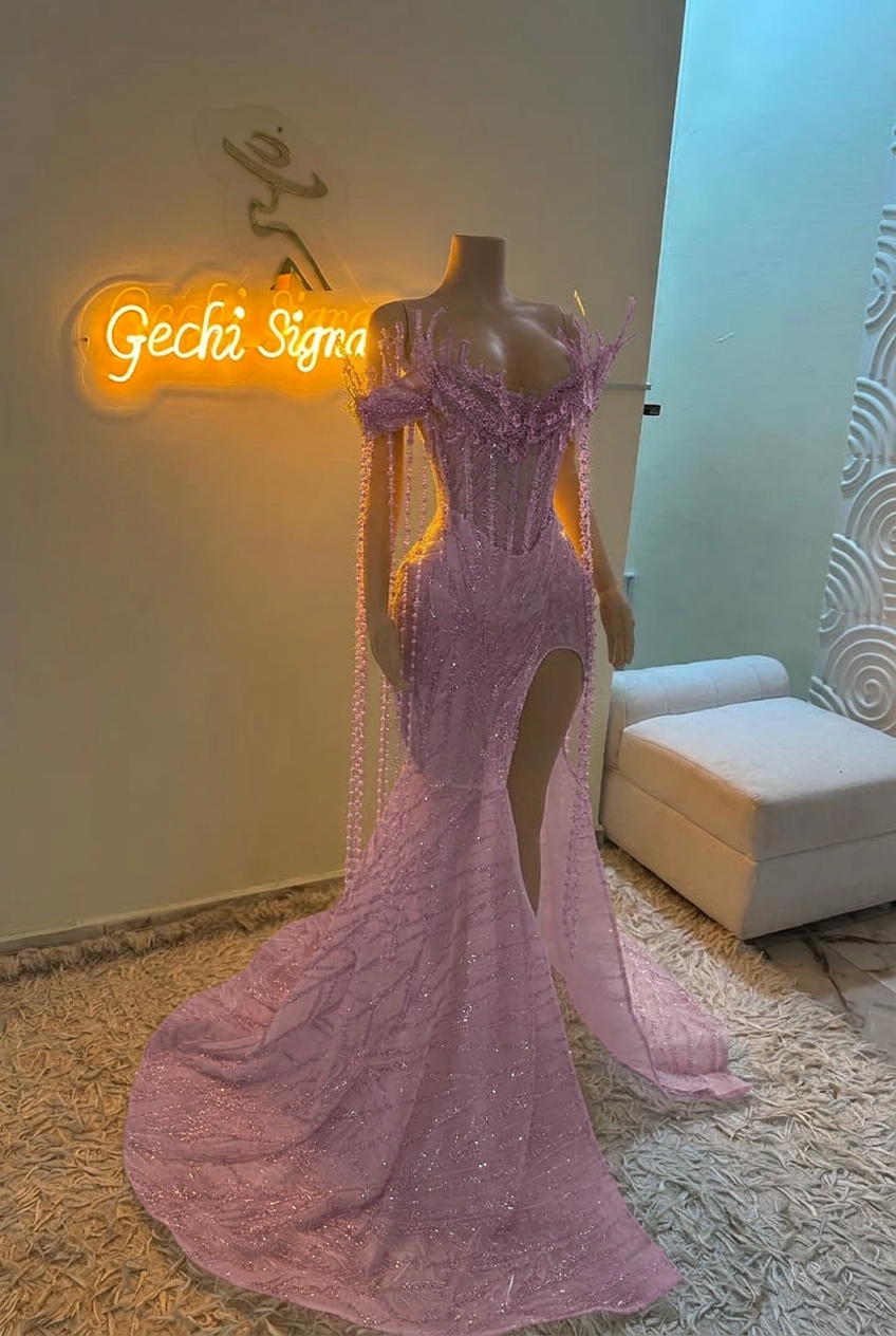 Lilac off-the-shoulder split-front mermaid prom dress