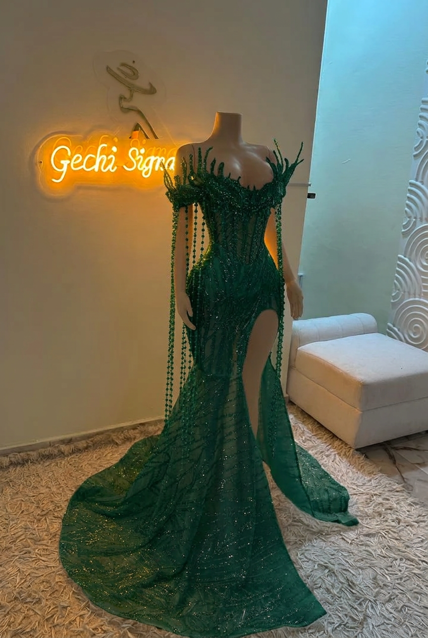 Dark green off-the-shoulder split-front mermaid prom dress