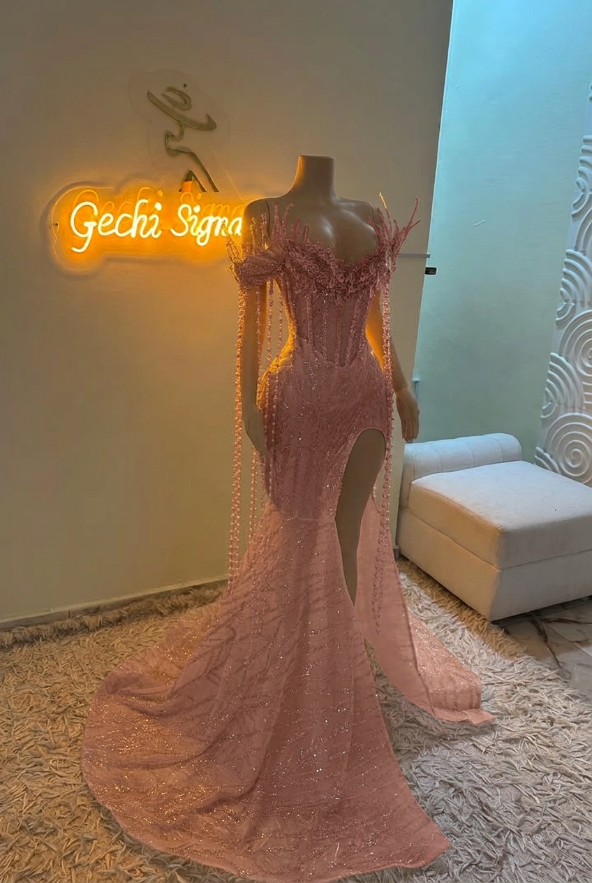 Dusty rose off-the-shoulder split-front mermaid prom dress