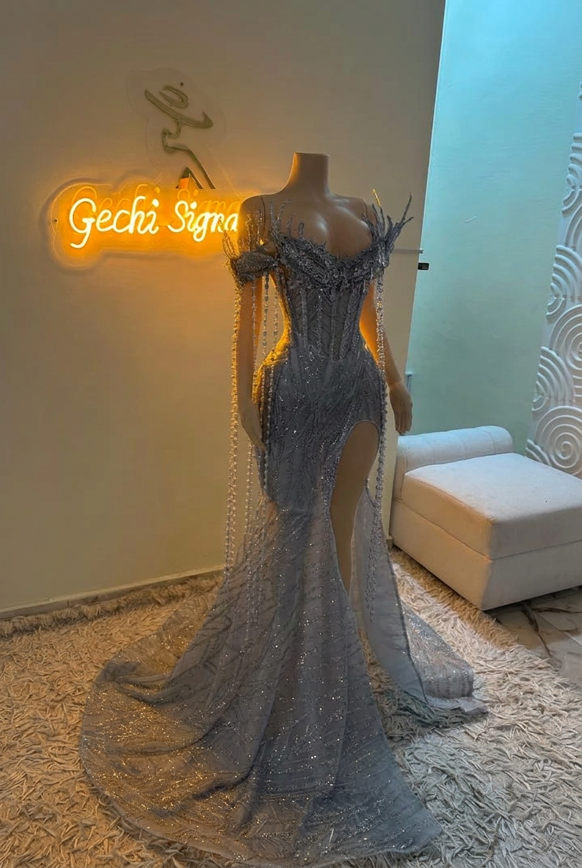 Silver off-the-shoulder split-front mermaid prom dress