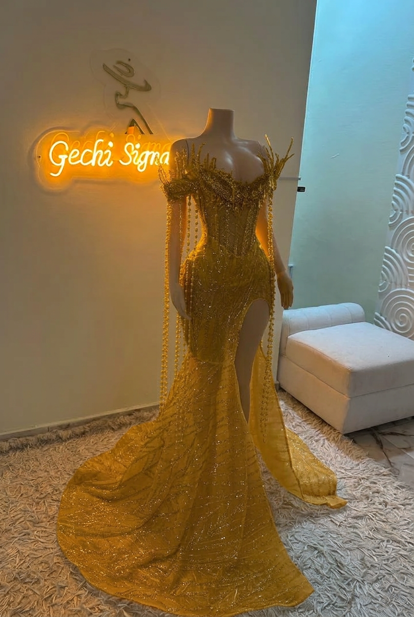 Gold off-the-shoulder split-front mermaid prom dress