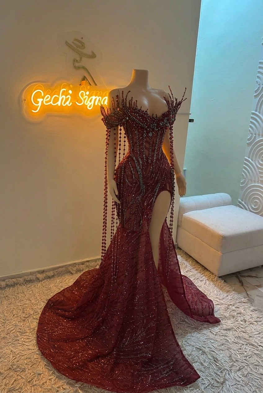 Burgundy off-the-shoulder split-front mermaid prom dress