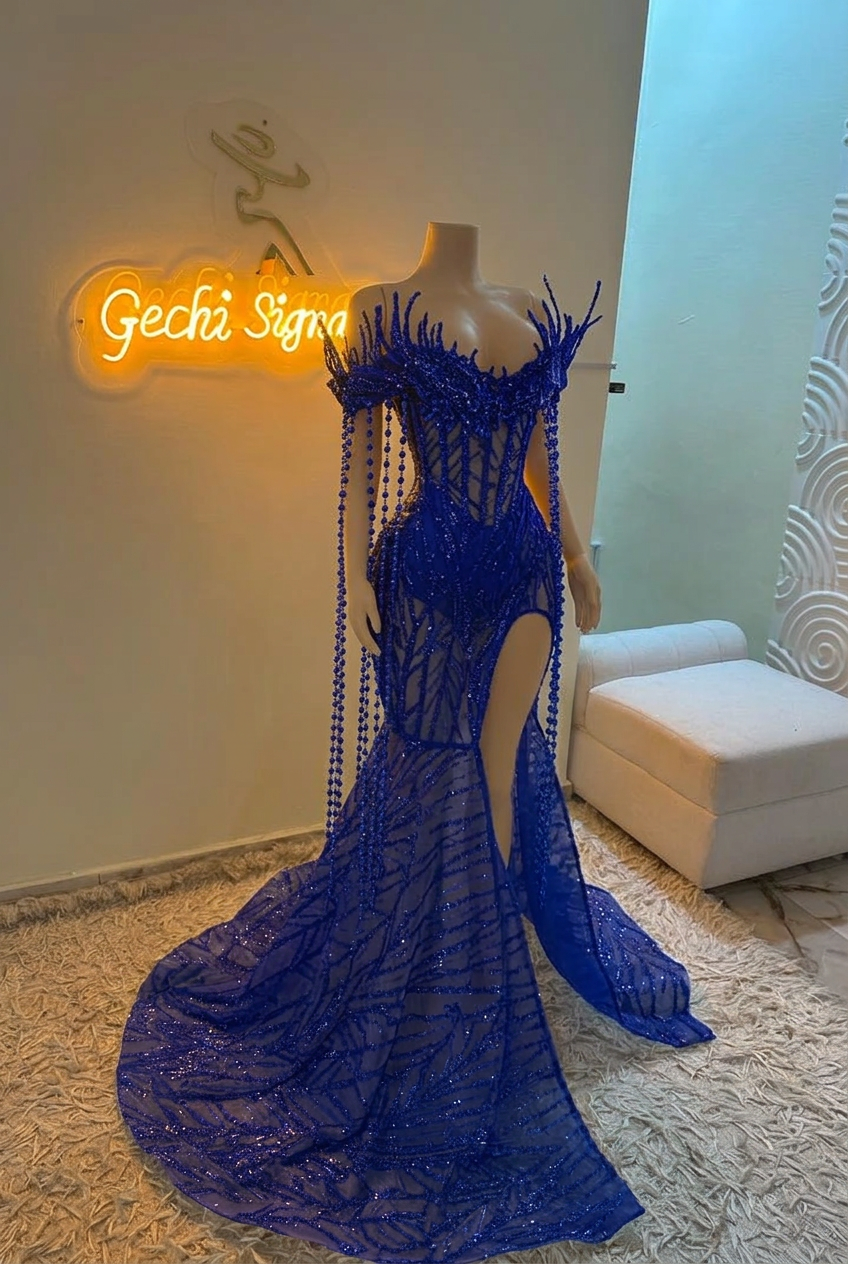 Royal blue off-the-shoulder split-front mermaid prom dress