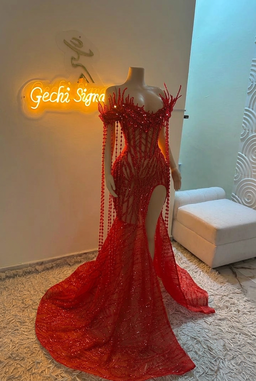 Red off-the-shoulder split-front mermaid prom dress