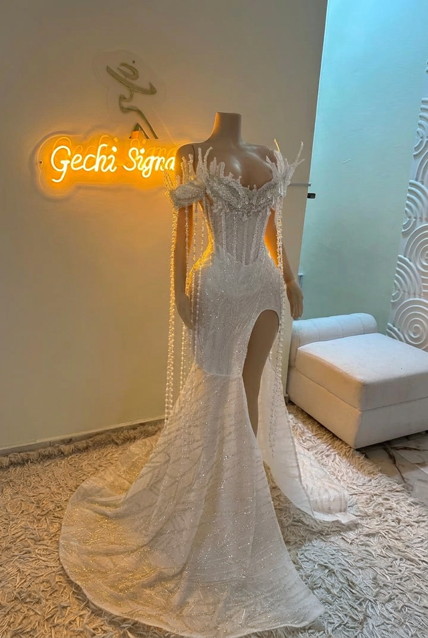 White off-the-shoulder split-front mermaid prom dress