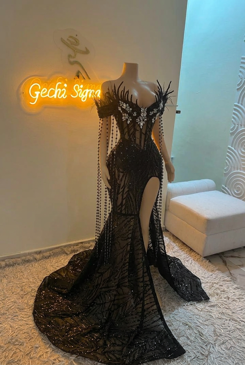 Black off-the-shoulder split-front mermaid prom dress