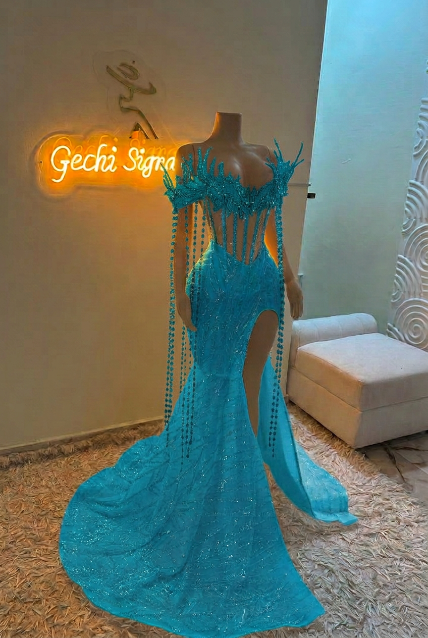 Turquoise off-the-shoulder split-front mermaid prom dress