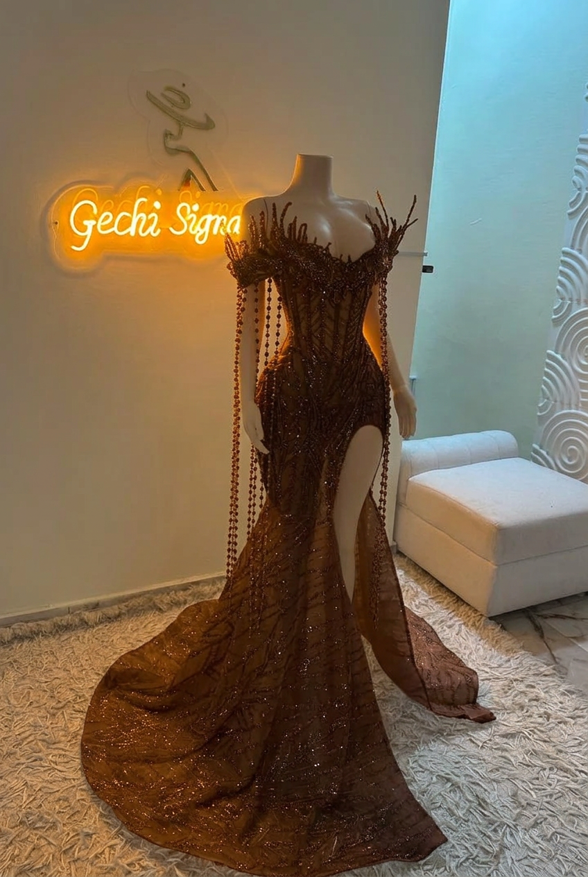 Chocolate off-the-shoulder split-front mermaid prom dress