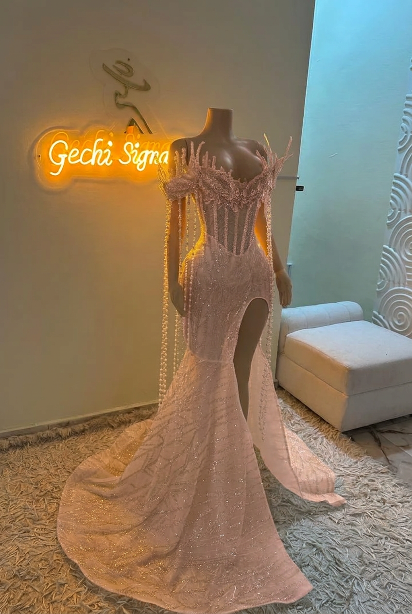 Pearl pink off-the-shoulder split-front mermaid prom dress