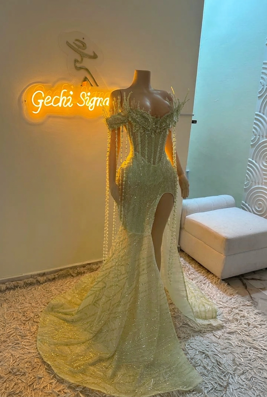 Sage off-the-shoulder split-front mermaid prom dress