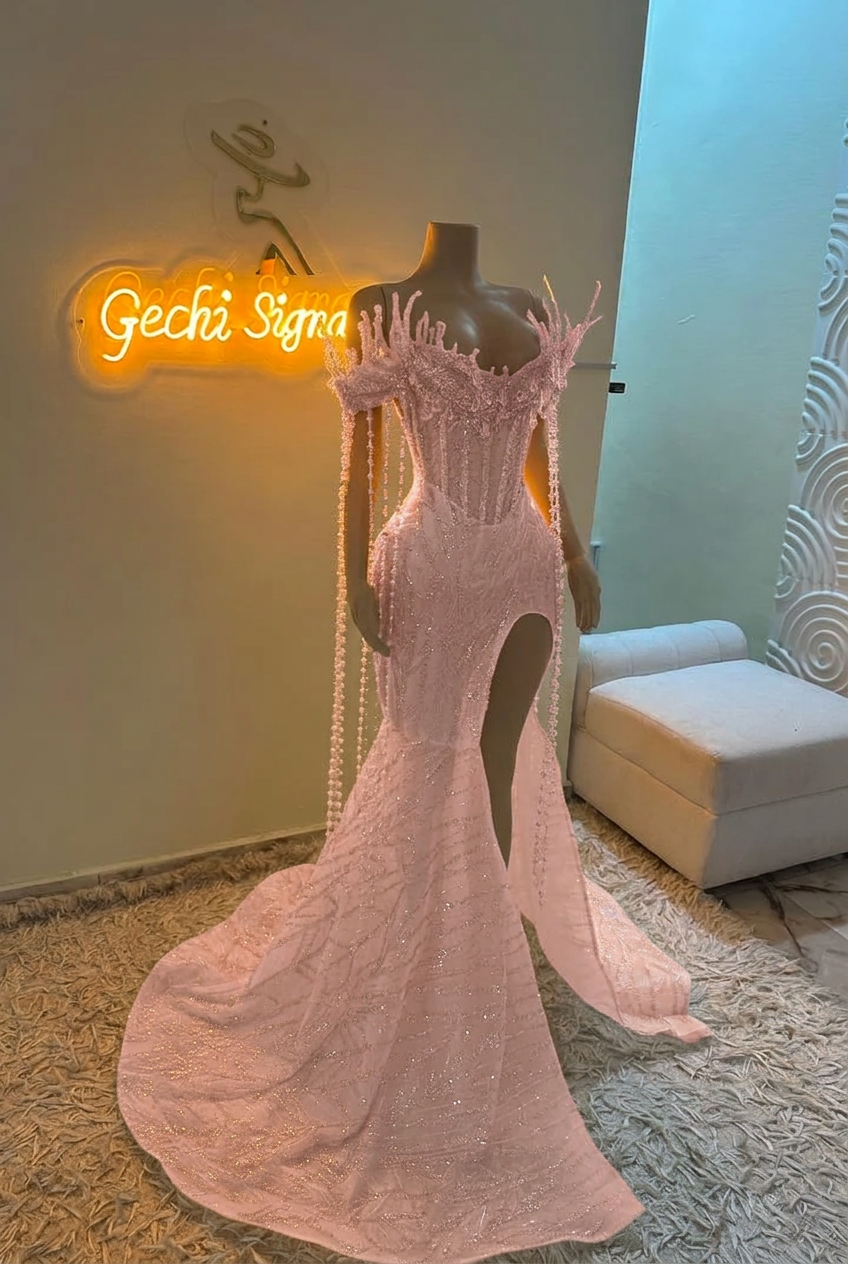 Blushing pink off-the-shoulder split-front mermaid prom dress